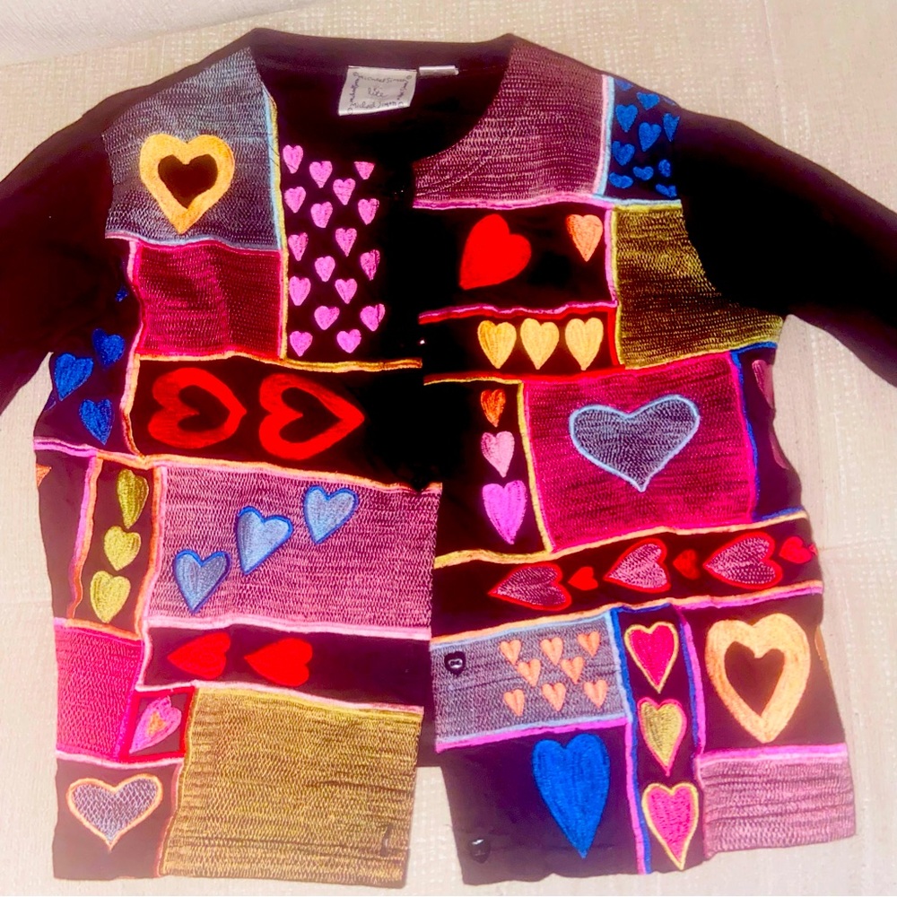 Vtg Michael Simon Heart Embroidered Cardigan Sweater Sz M Valentine Fun Holiday
